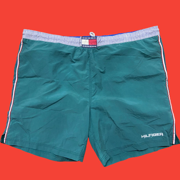 Tommy Hilfiger Vintage Trunks Swim Board Shorts Green Red Blue Men's Size Large - Picture 1 of 9